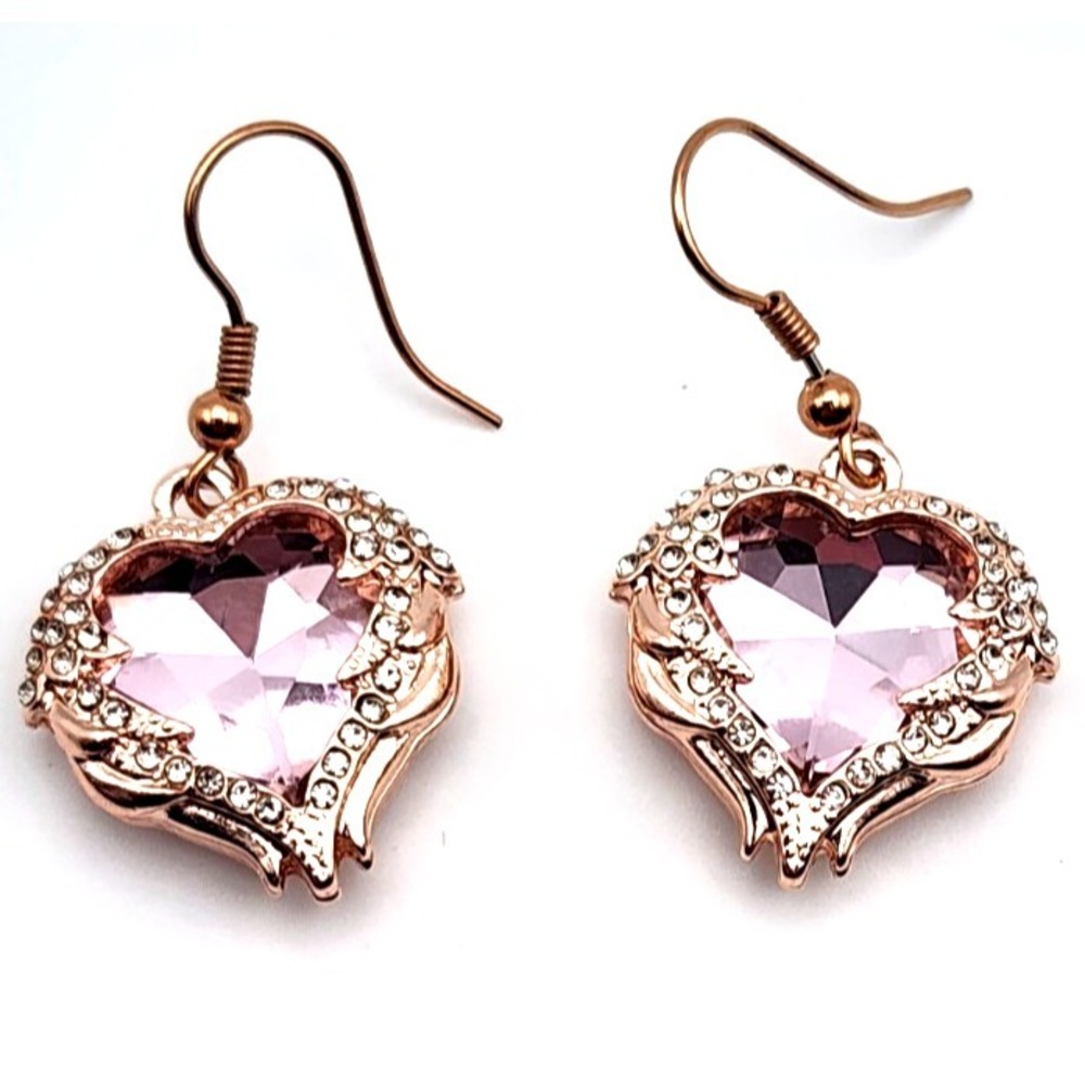 Heart of the Ocean Inspired Earrings Rose Gold Tone Pink Crystal Dangle Jewelry